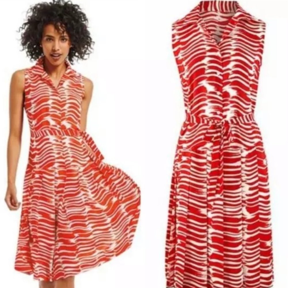 CAbi #281 Brushstroke Red Orange White Medium Shirt Dress with Belt Tie
